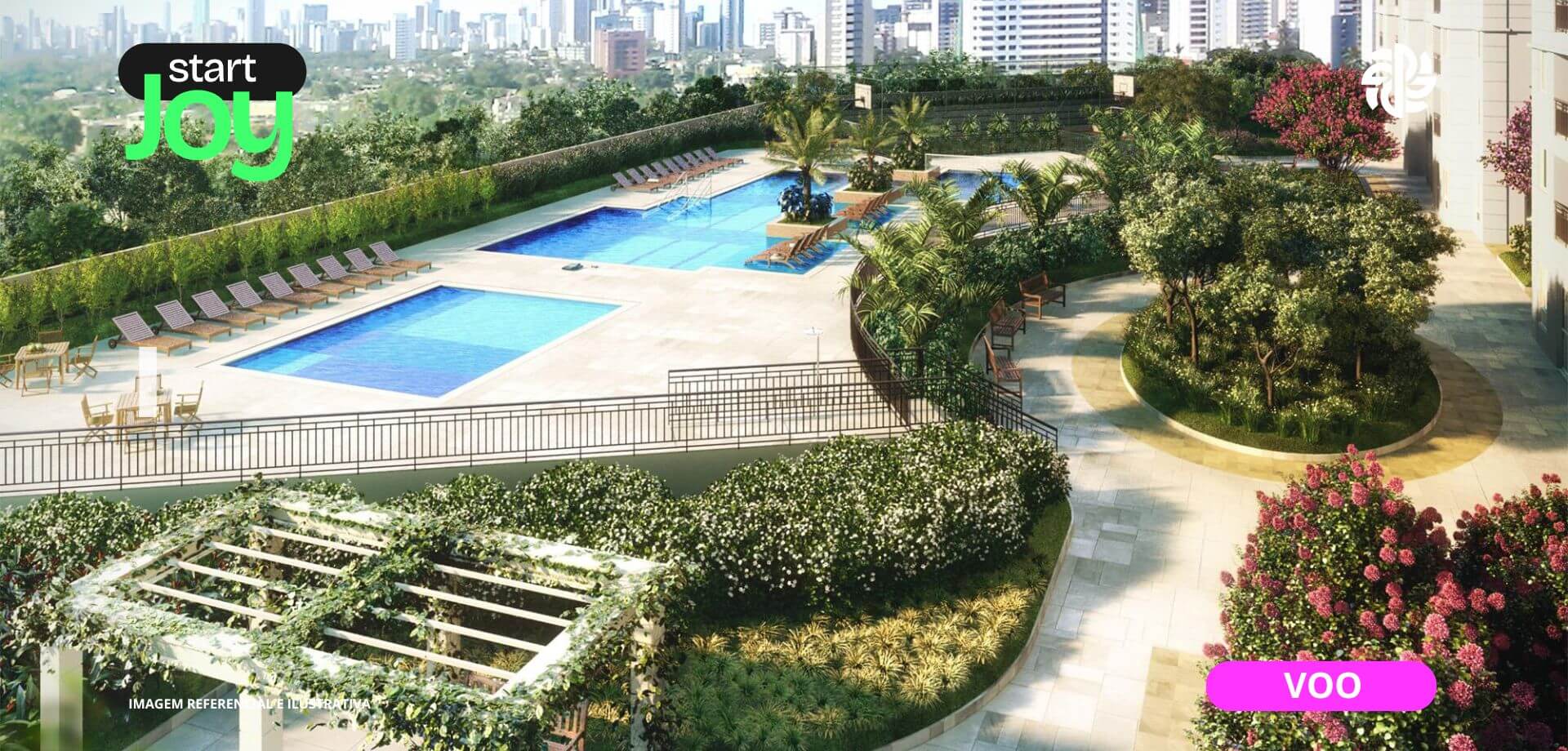 Área de lazer com piscina, jardim e paisagismo no Start Joy.